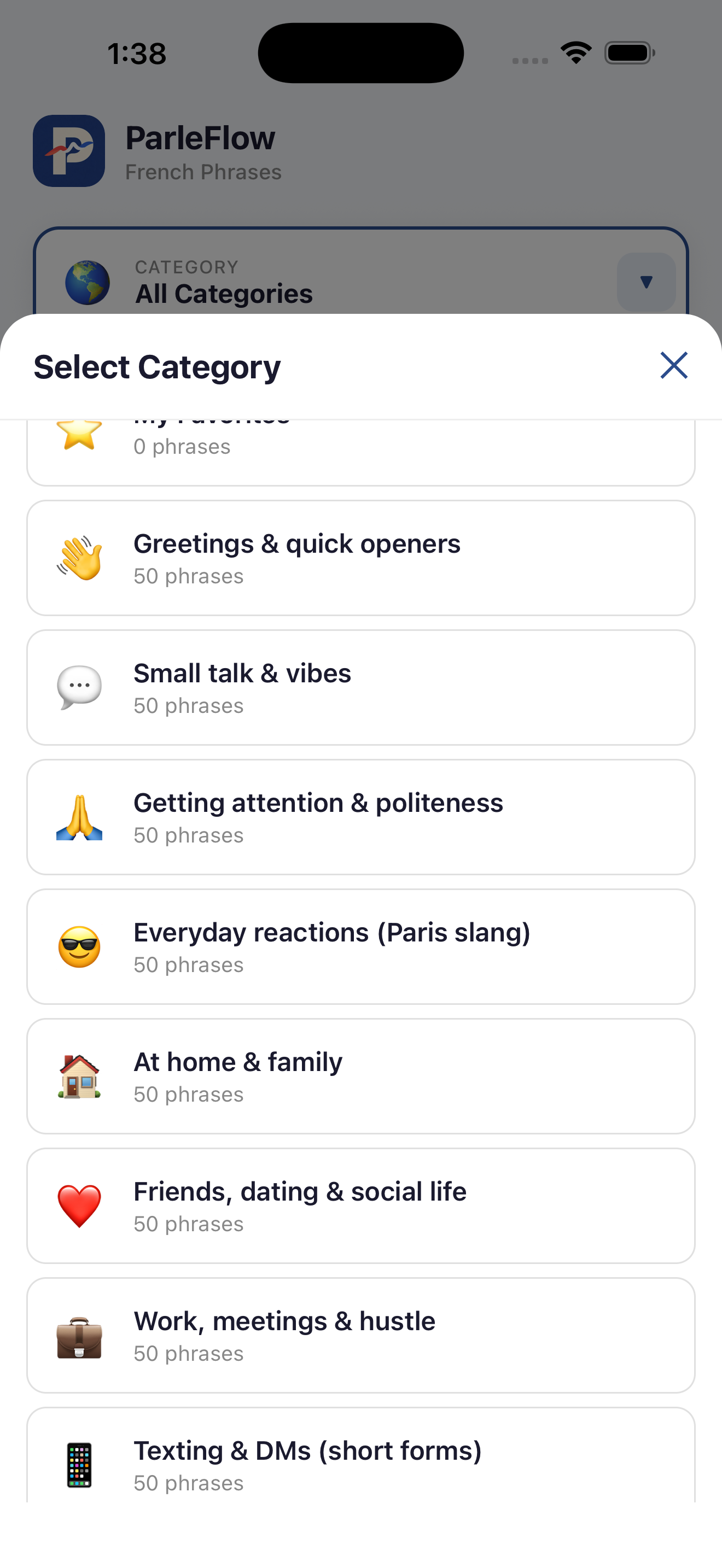 ParleFlow 20 categories of Parisian French phrases organized by real-life situations